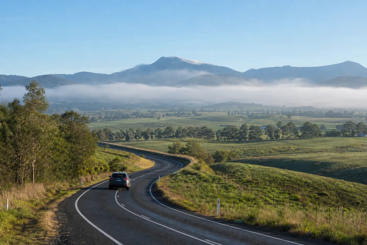 A rental car on a winding road through green northern Tasmanian countryside