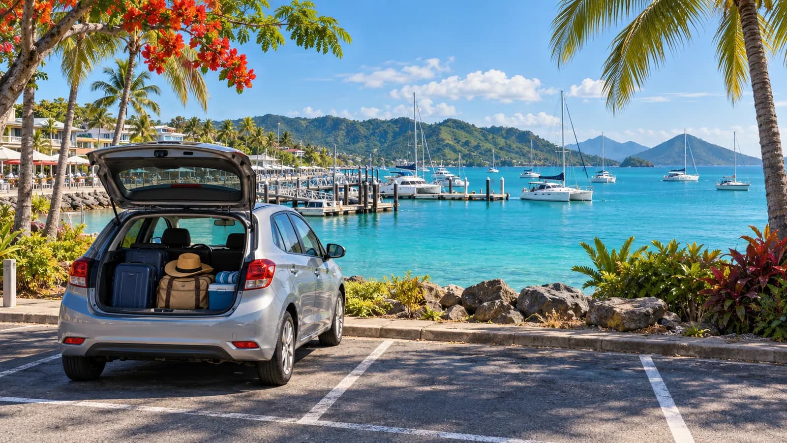 Airlie Beach car hire illustration showing a compact car beside a Whitsundays marina and island views.