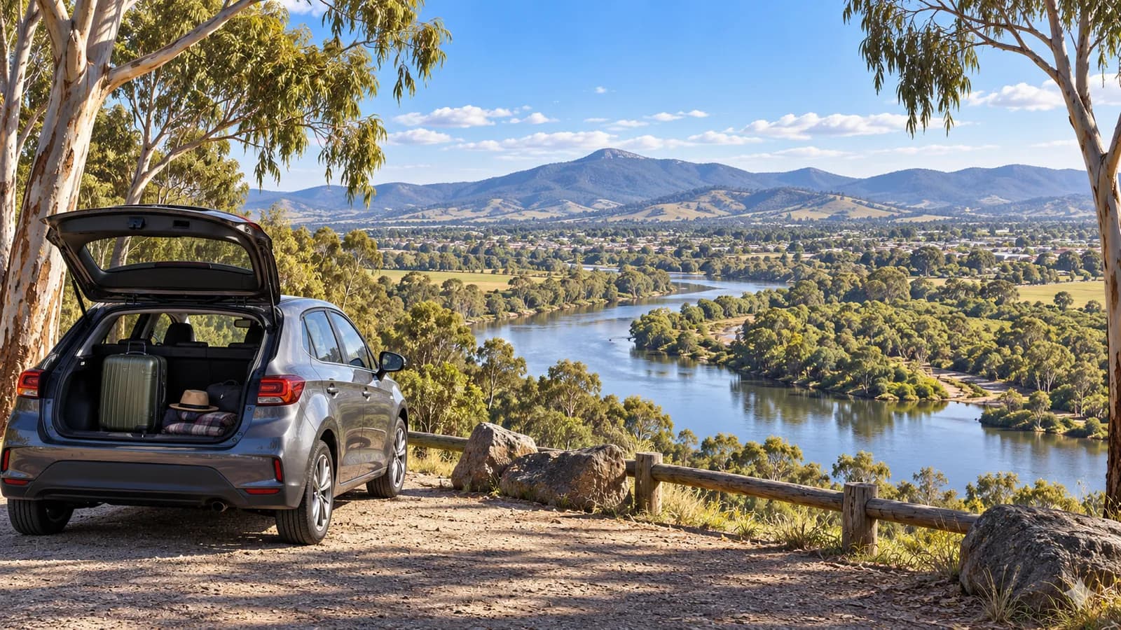 Albury Airport car hire illustration showing a parked car overlooking the Murray River and nearby foothills.