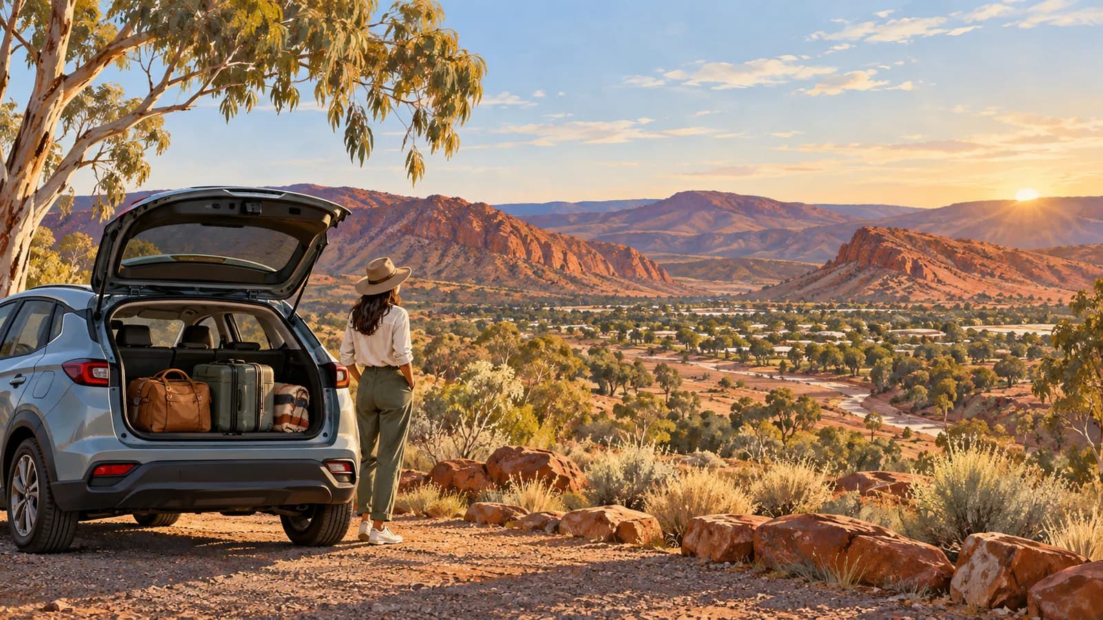 Alice Springs Airport car hire illustration showing a traveller beside a luggage-filled car with red ranges in the distance.