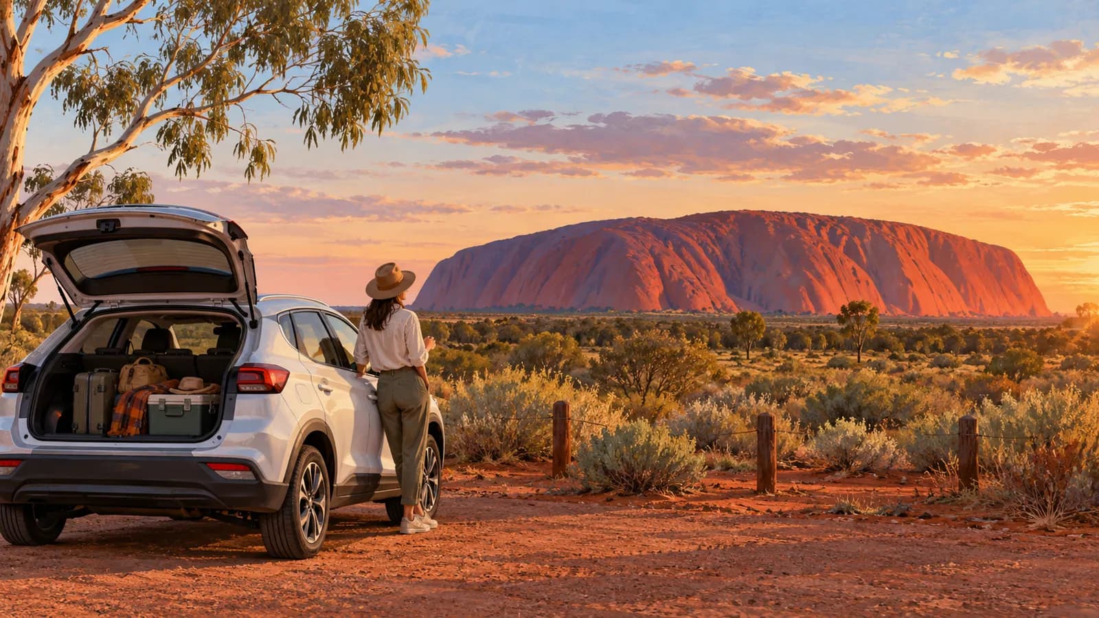 Ayers Rock Airport car hire illustration showing a parked hire car with luggage beside Uluru at sunset.