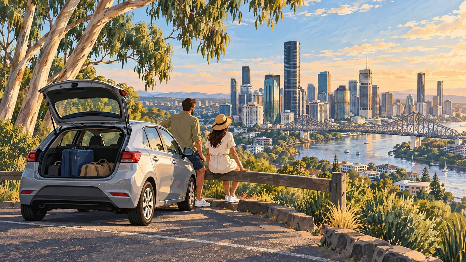 Brisbane Airport car hire illustration showing travellers beside an open, luggage-filled car overlooking the Brisbane River and skyline.