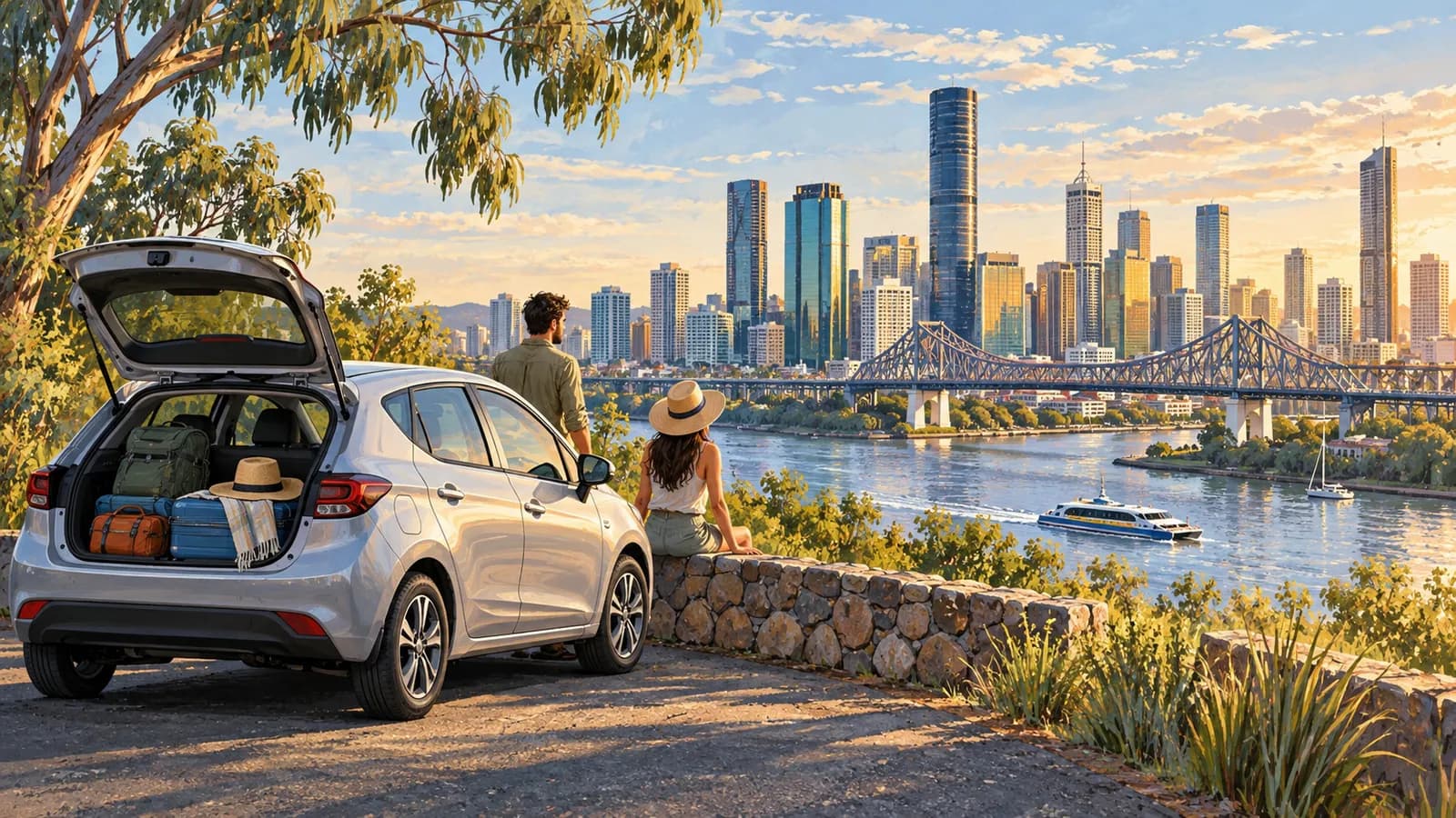 Brisbane car hire illustration showing a luggage-filled car beside a river, Story Bridge and the city skyline.