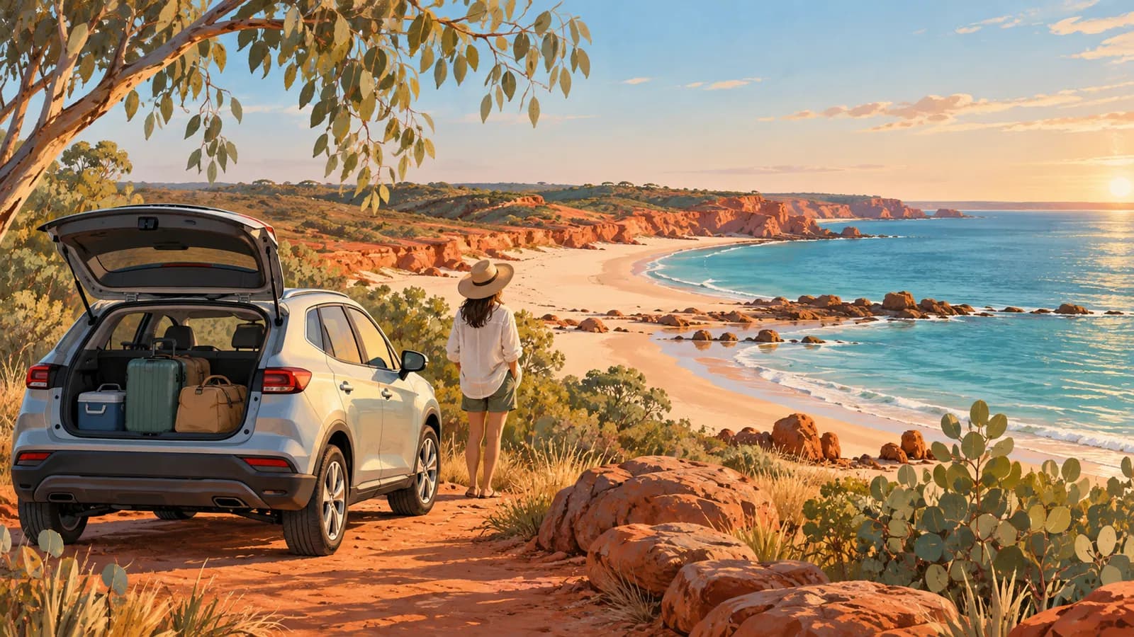 Broome Airport car hire illustration showing a luggage-filled car parked beside a red-rock beach.
