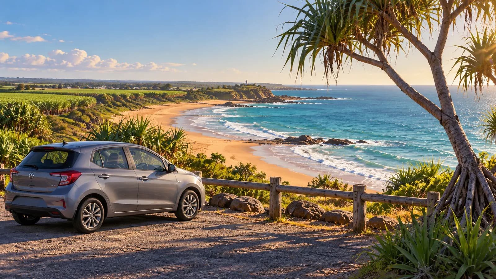 Bundaberg Airport car hire illustration showing a parked compact car beside a coastal beach and pandanus.