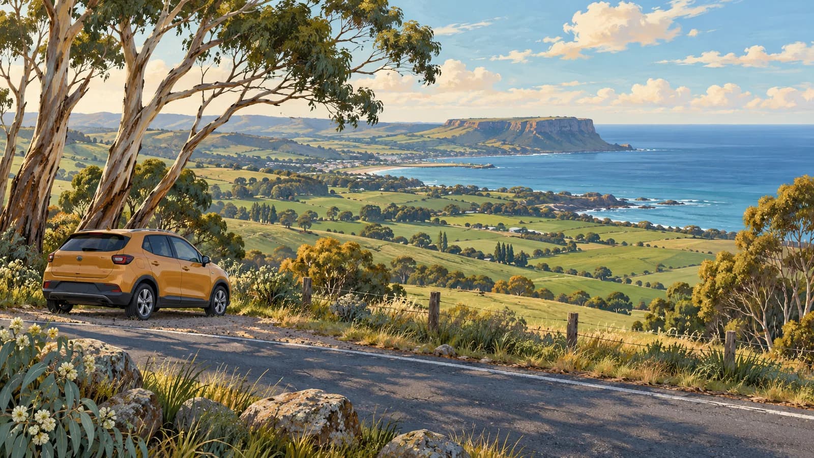 North-west Tasmania illustration showing an ochre parked car beside green coastal farmland and a distant flat-topped bluff above Bass Strait