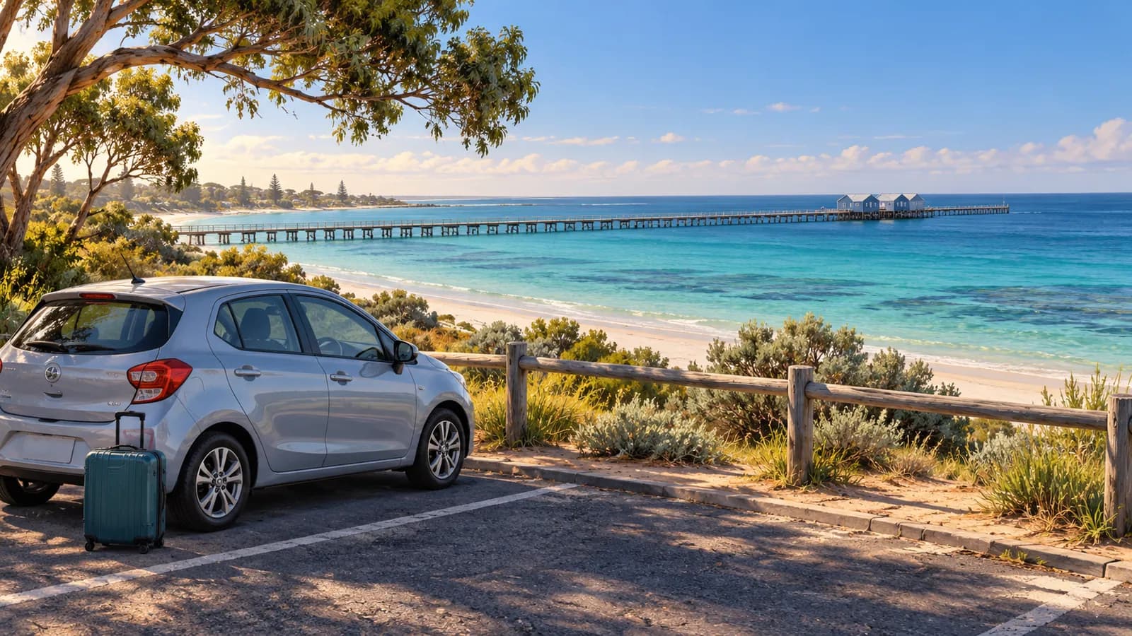 Busselton Airport car hire illustration showing a parked car above Geographe Bay with the jetty in the distance.