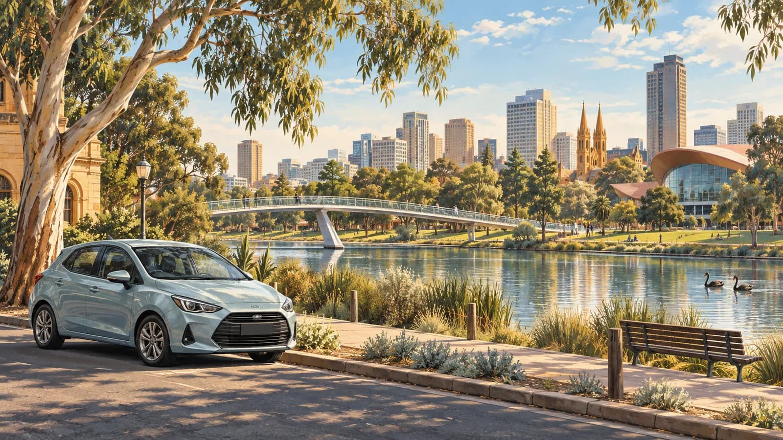 Illustration of a parked compact car beside the River Torrens, Adelaide parklands and city skyline