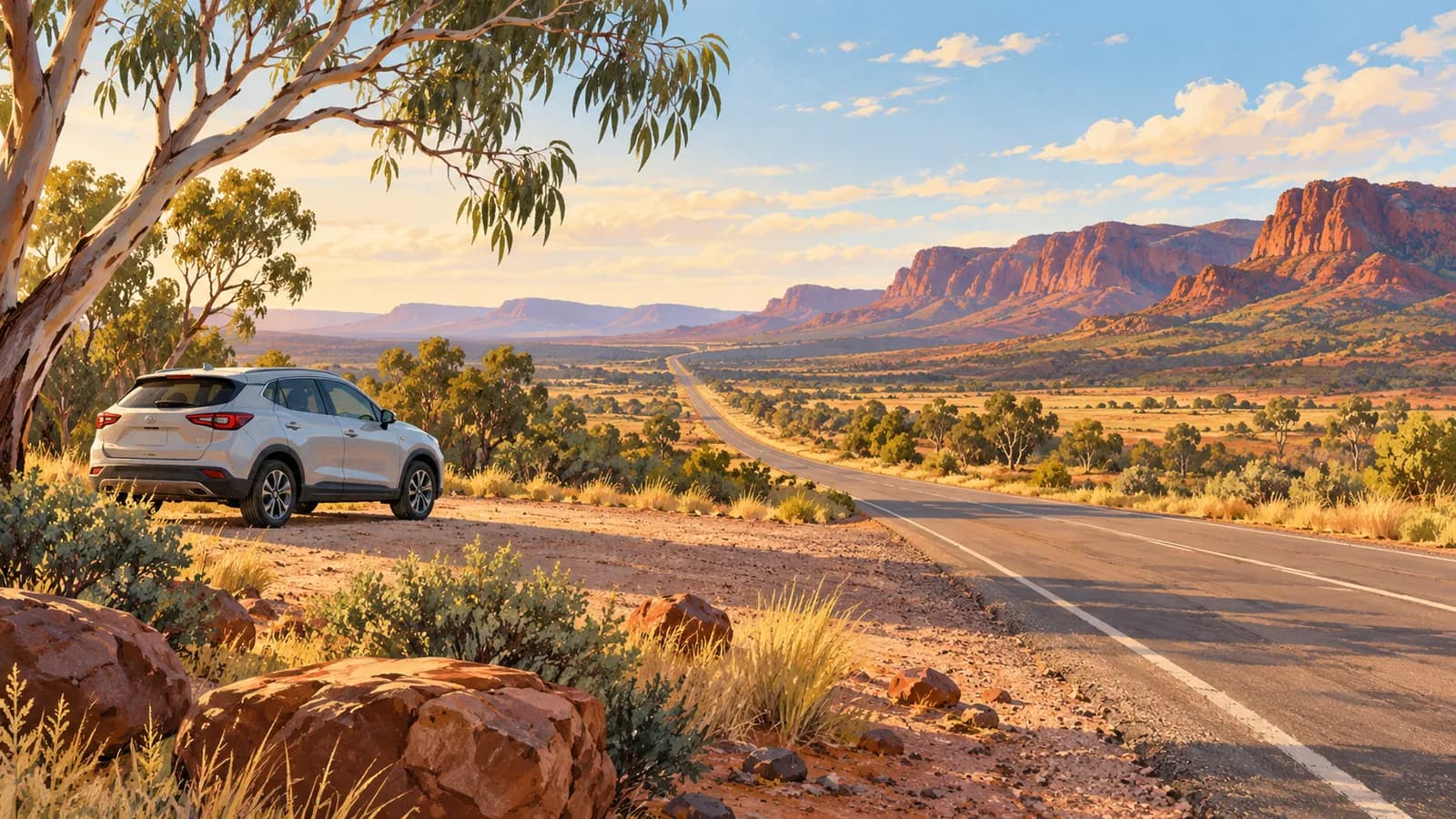 Adelaide to Darwin drive illustration showing a parked car beside a straight outback road and red ridges.