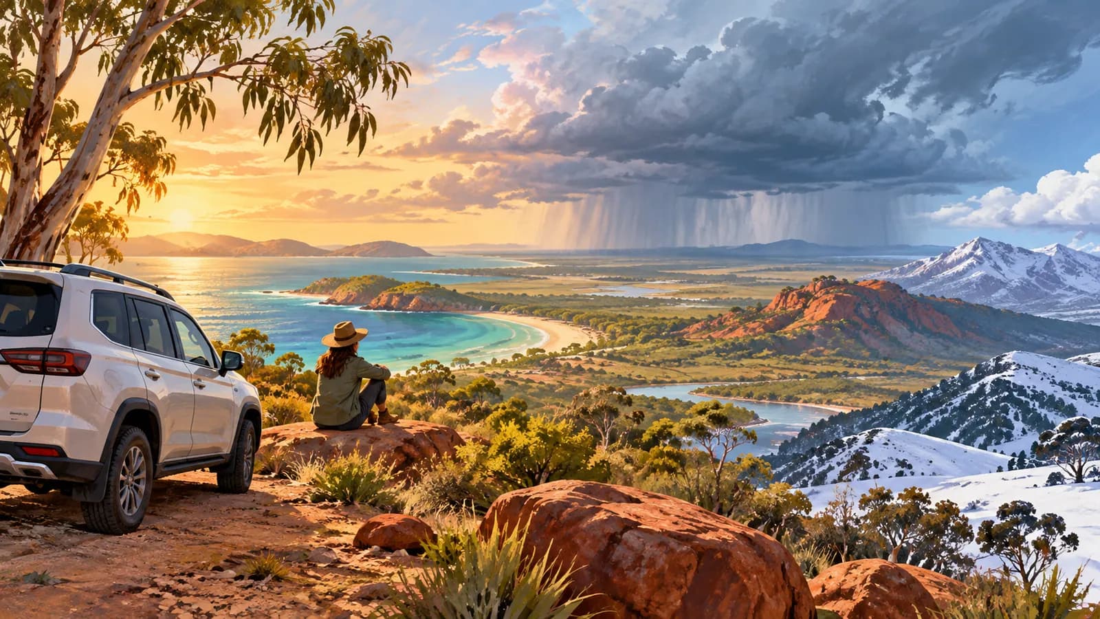 Best time for an Australia road trip illustration showing a parked car, traveller, coast, red hills, snow-capped mountains and a rain shower.