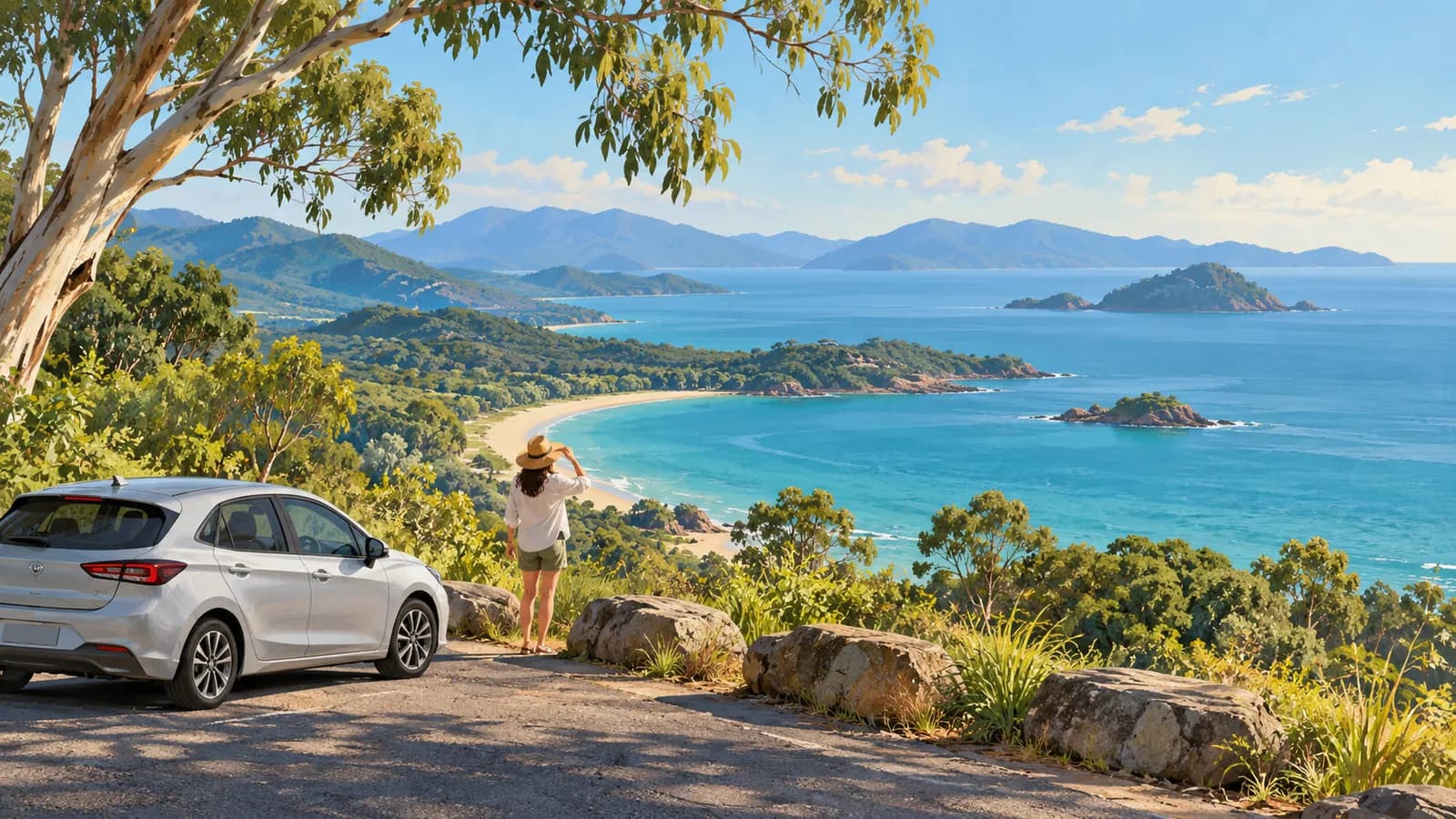 Brisbane to Cairns drive illustration showing a parked car above a tropical bay with wooded islands and mountains.