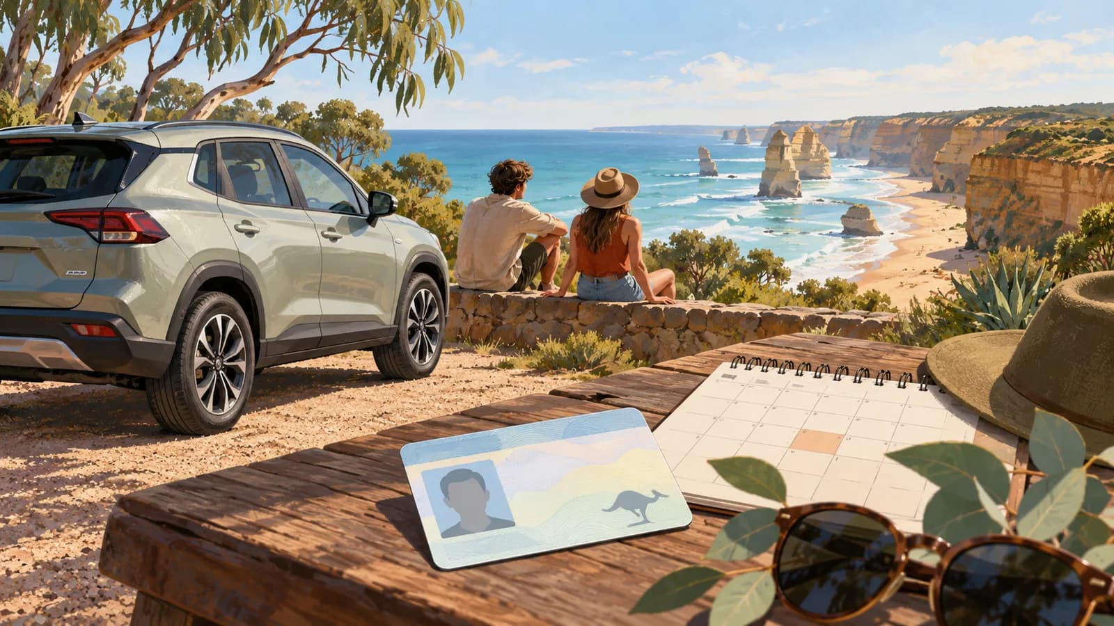 Car hire age rules in Australia illustration showing a blank licence-style card and calendar beside a parked car.