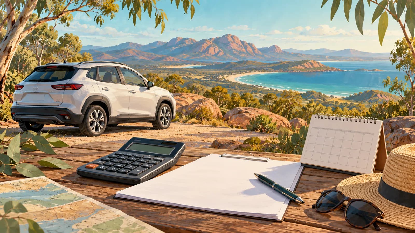 Car hire cost and cheapest time illustration showing a parked car, calculator, blank calendar, papers and pen.