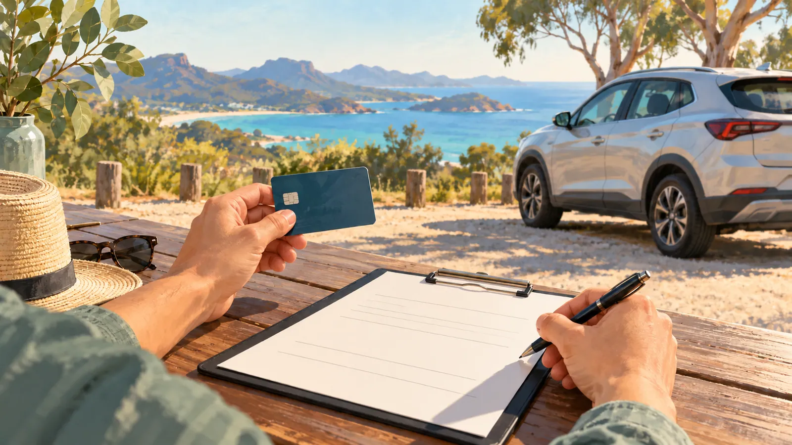 Car hire debit card and bond illustration showing a payment card and blank rental form beside a parked car.