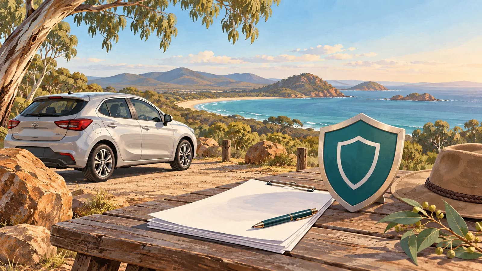 Car hire excess insurance in Australia illustration showing blank paperwork and a protective shield beside a parked car.