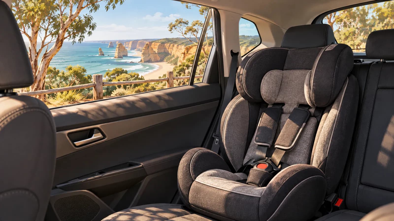 Child car seats in hire cars illustration showing a fitted child safety seat inside a car, with coastal cliffs through the window.
