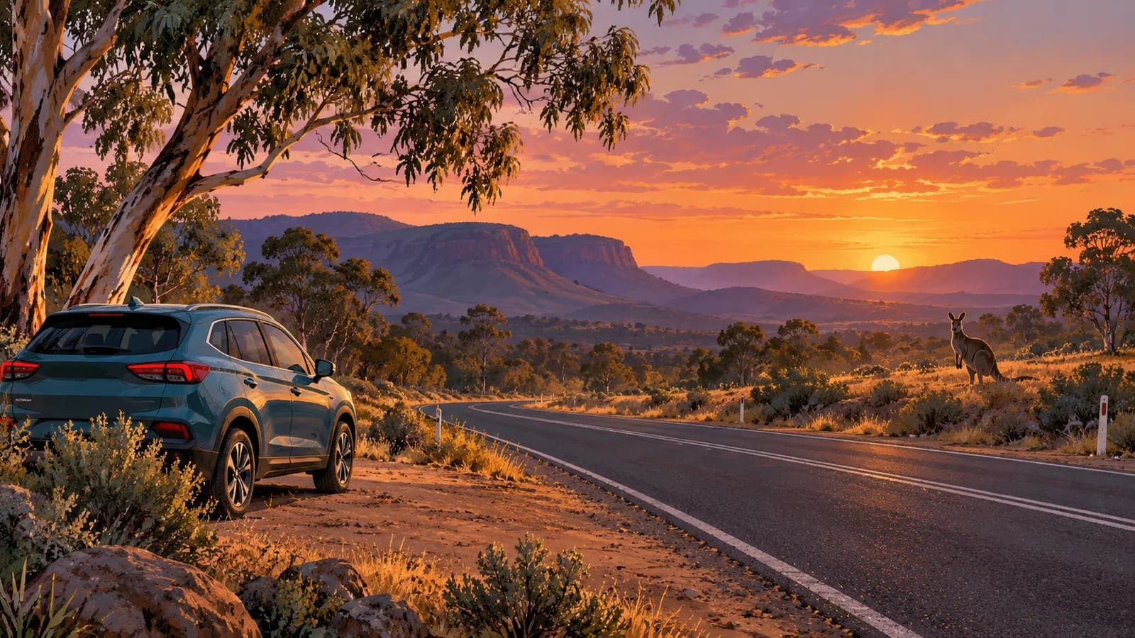 Driving at dusk and wildlife illustration showing a parked car, a kangaroo and sunset over a rural highway.