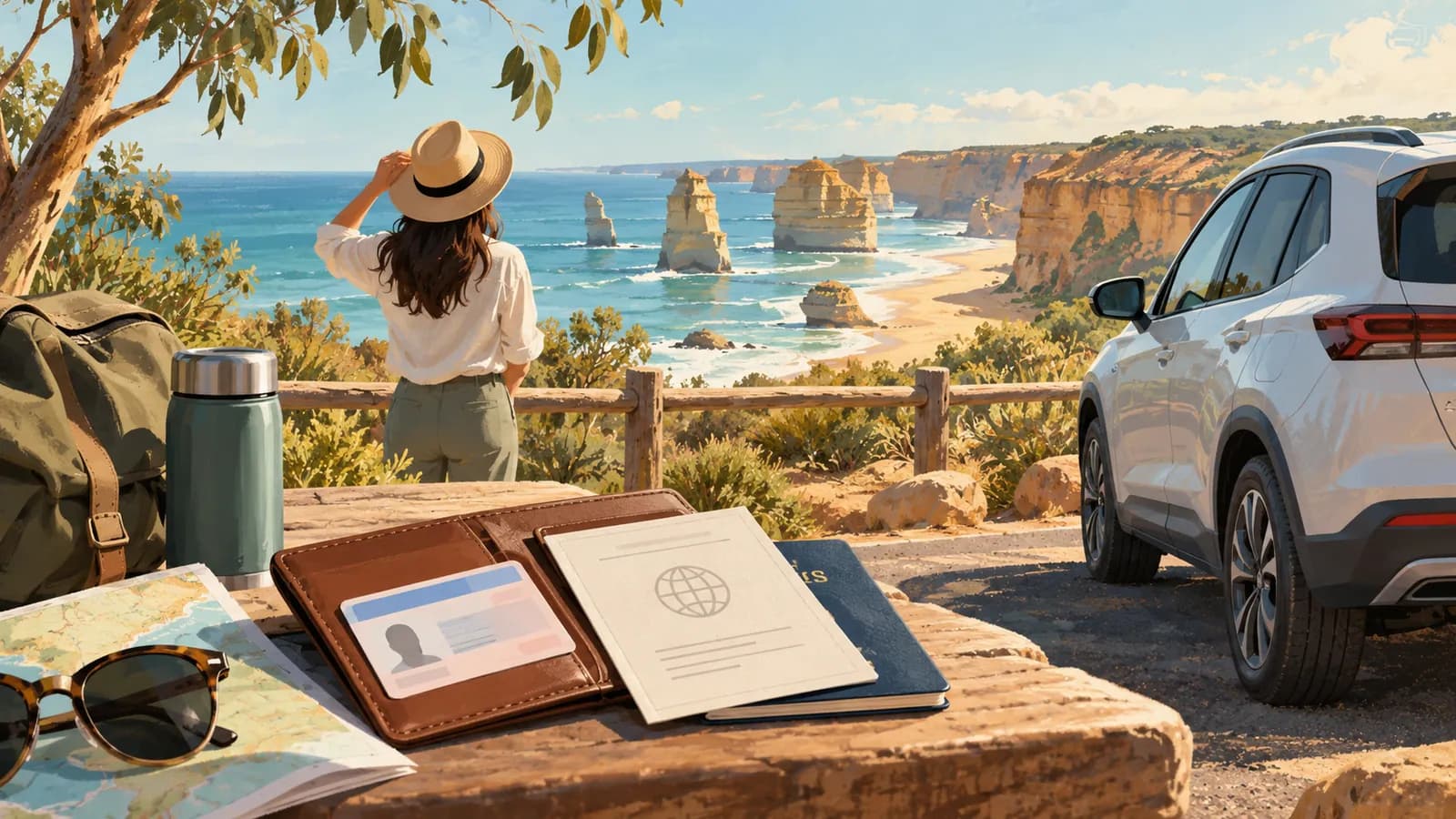 Driving in Australia as a tourist illustration showing travel documents beside a parked car at a coastal lookout.