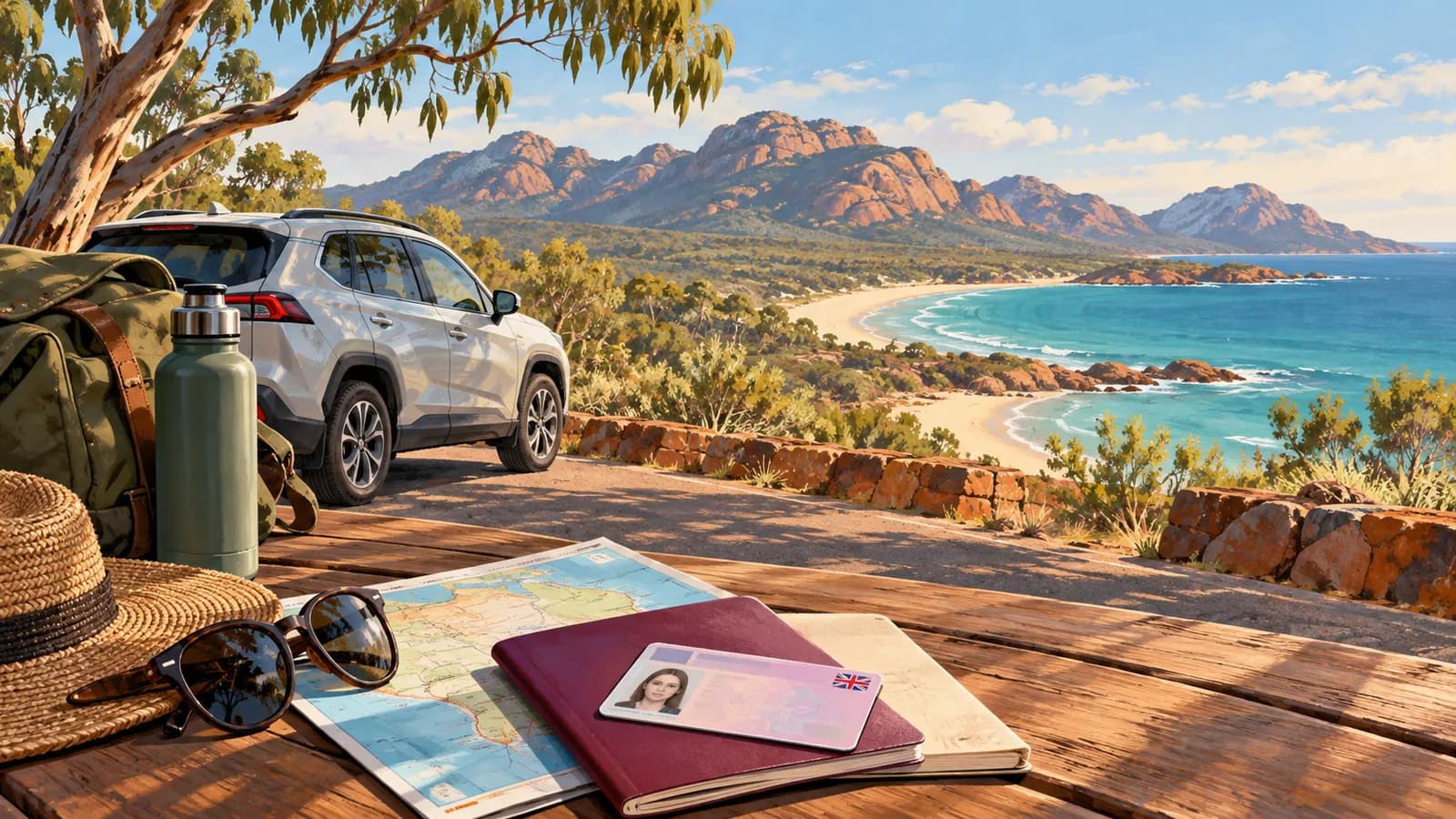 Driving in Australia with a UK licence illustration showing a UK licence card, map, travel papers and a parked car.