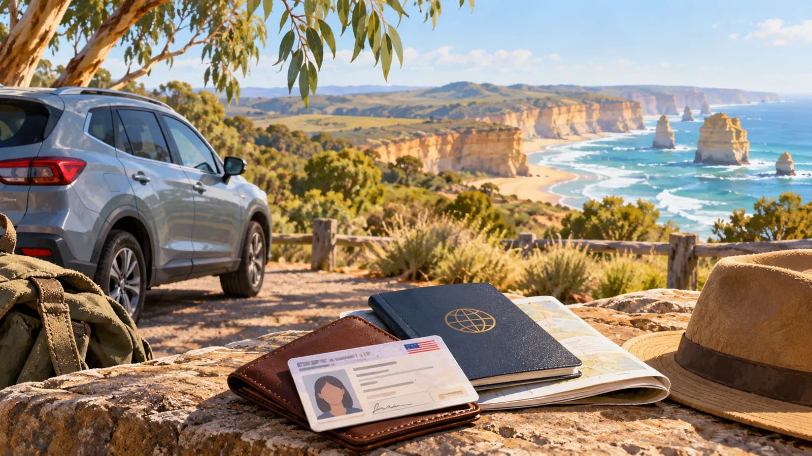 Driving in Australia with a US licence illustration showing a driving document, passport and map beside a parked car.