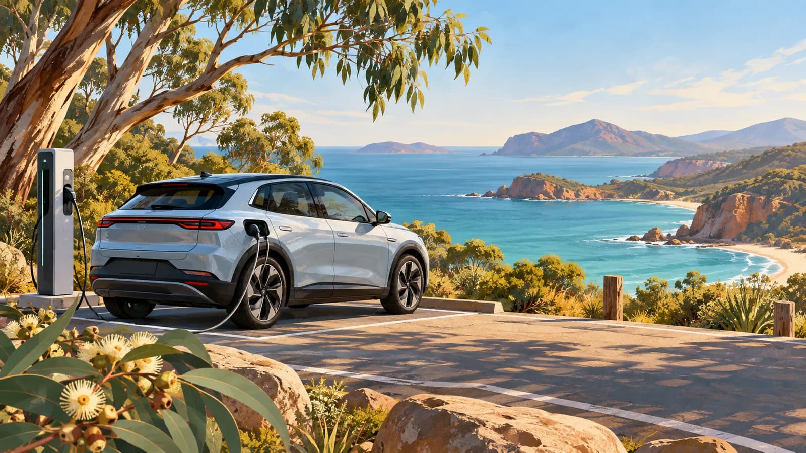 Electric car hire in Australia illustration showing an unbranded car plugged into a roadside charging post.