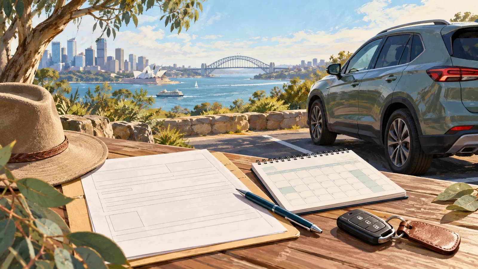 Hire car fines illustration showing a parked car beside a blank calendar, papers, pen and car keys.