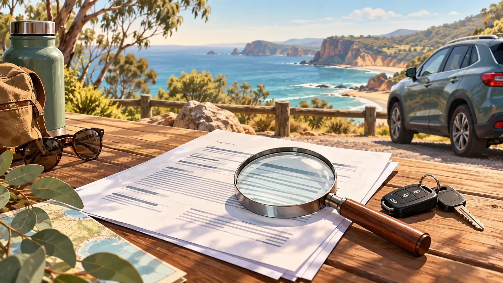 Hire car rules by company illustration showing blank rental paperwork, a magnifying glass and car keys beside a parked car.