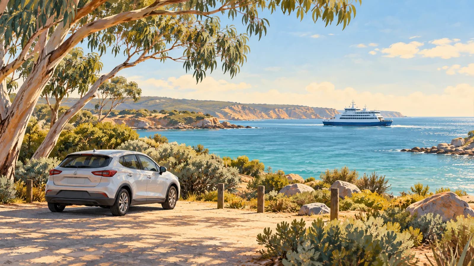 Hire cars on ferries in Australia illustration showing a parked car on shore beside a passenger ferry offshore.