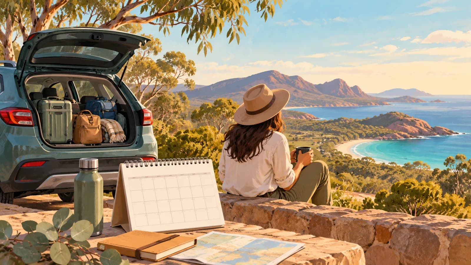 Long-term car hire illustration showing a parked car with luggage, a traveller, blank calendar and map beside a coastal view.