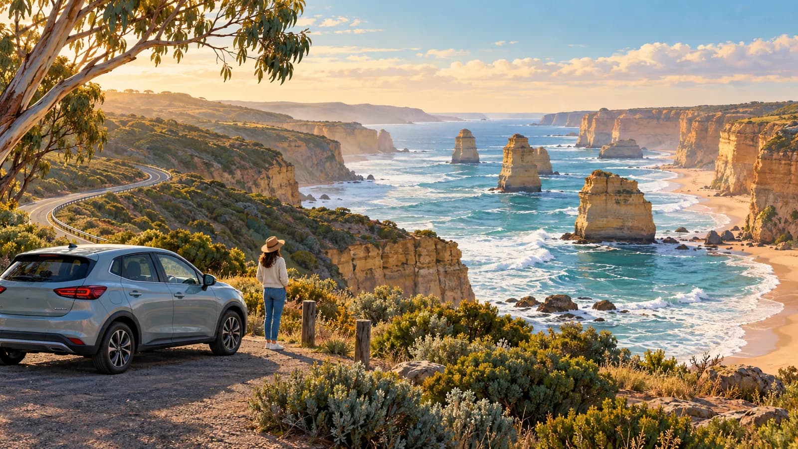 Melbourne to Adelaide via the Great Ocean Road illustration showing a parked car beside coastal cliffs and sea stacks.