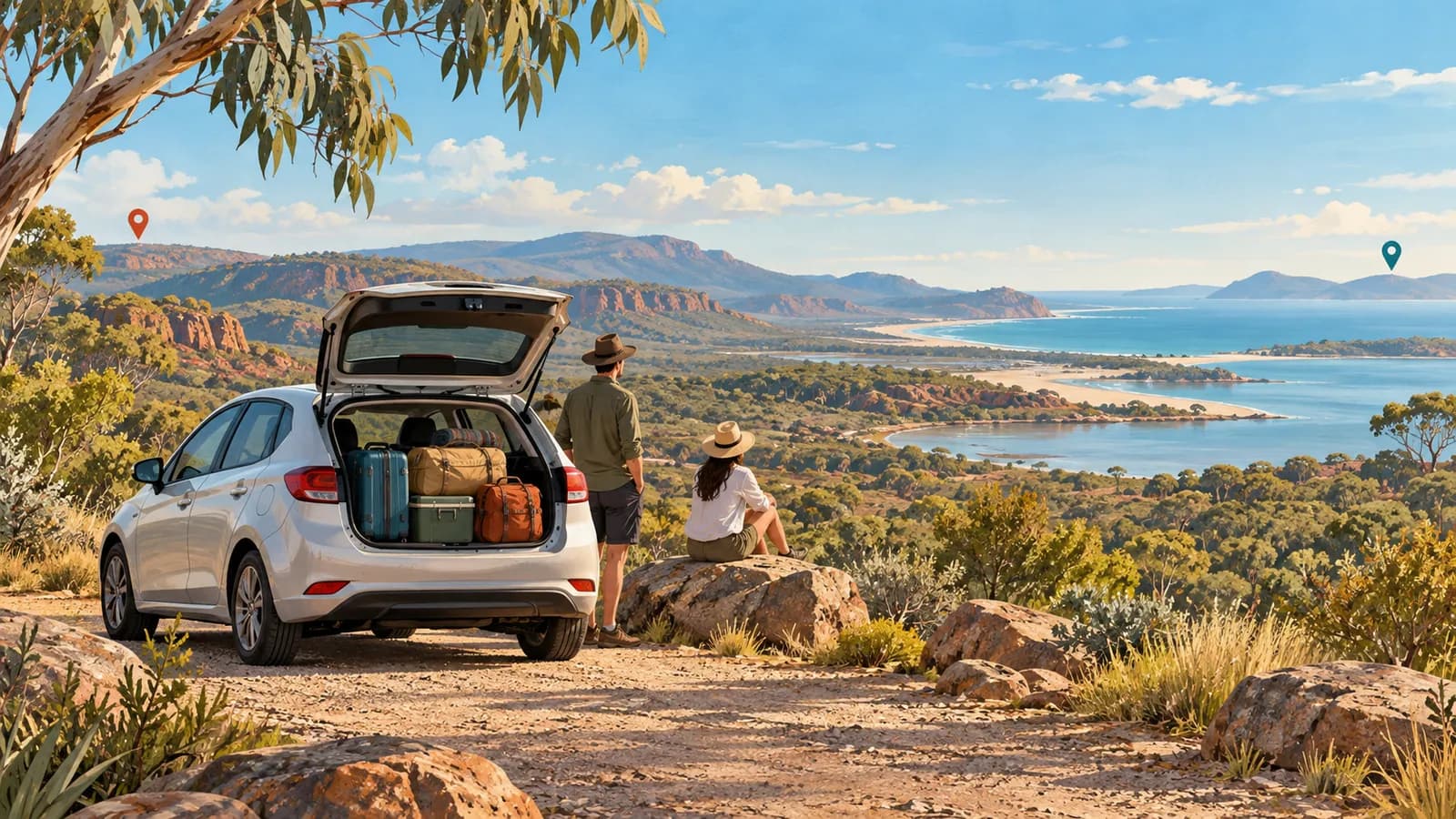 One-way car hire in Australia illustration showing a luggage-filled parked car between two abstract location markers.