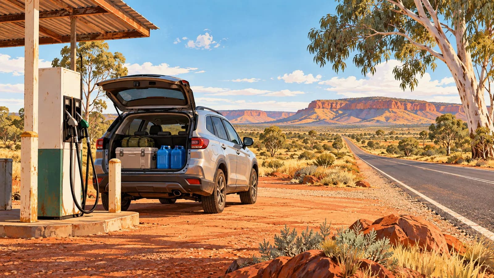 Outback driving fuel and distances illustration showing a parked car beside fuel pumps and a long sealed road through red desert.