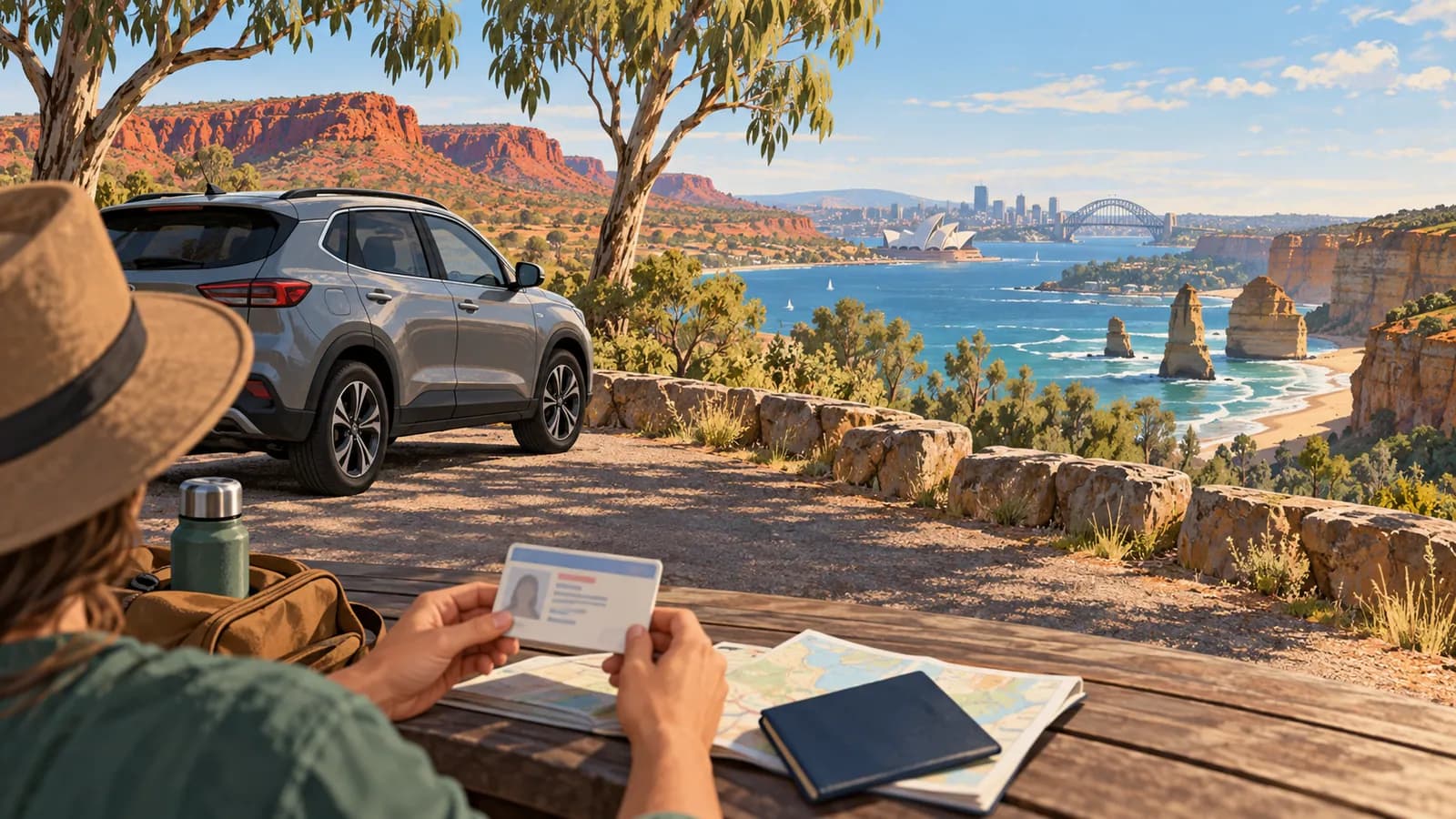 Overseas licence rules by Australian state illustration showing a blank licence, map and passport beside a parked car.