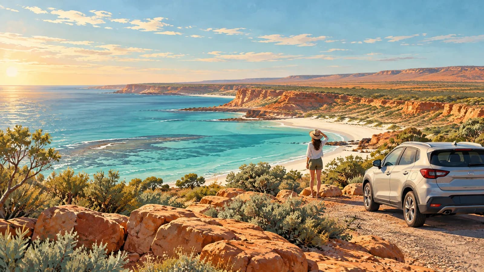 Perth to Broome drive illustration showing a parked car beside a rugged red-rock coastline.