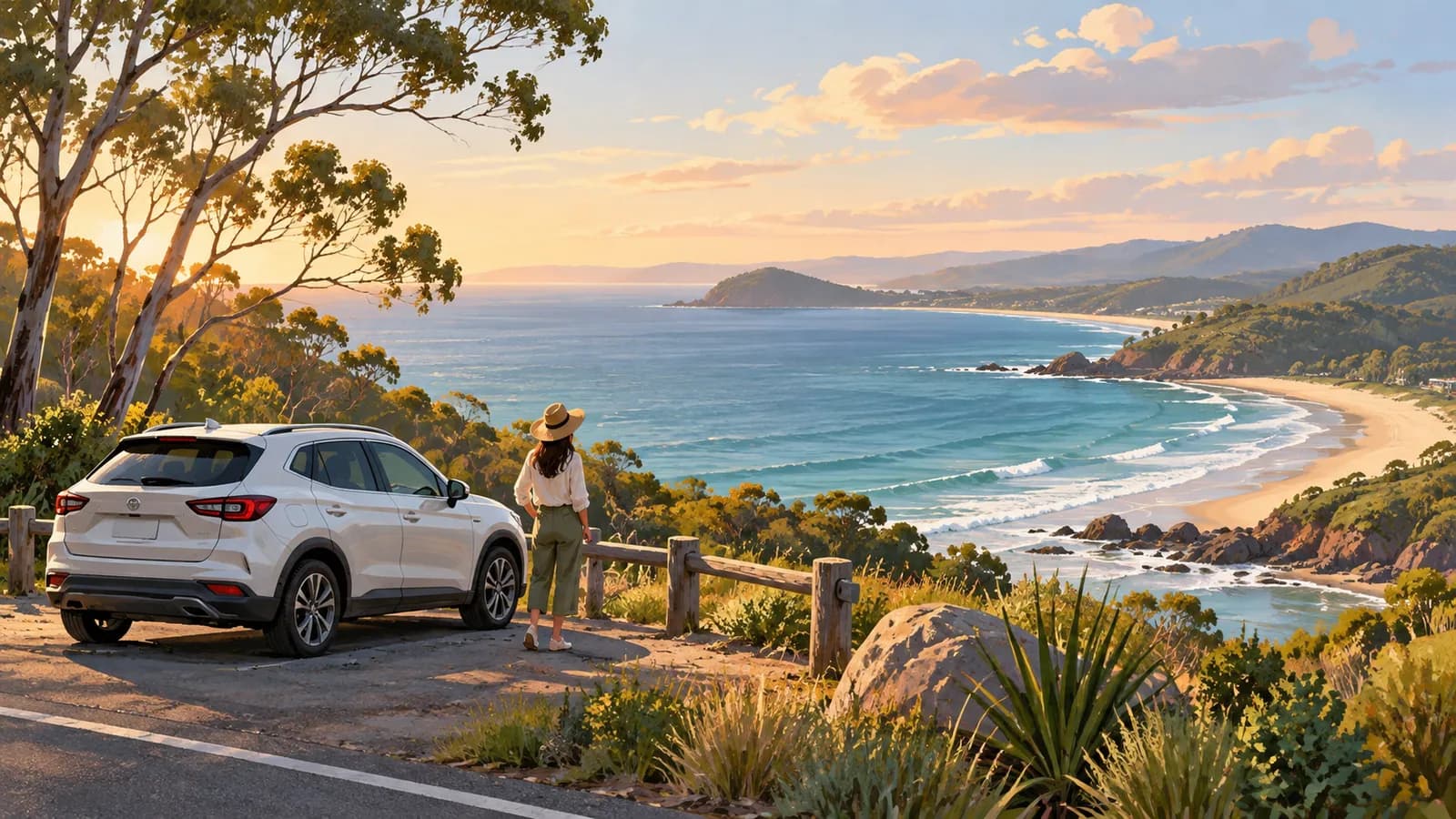 Sydney to Brisbane drive illustration showing a parked car and traveller overlooking a wide sandy cove and curving coastline.