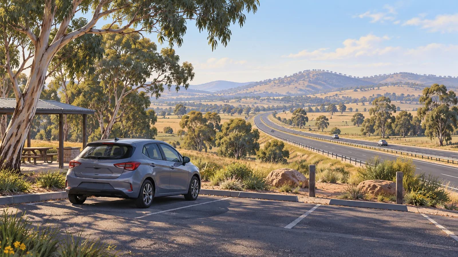 Sydney to Melbourne Hume Highway illustration showing a compact car parked at an inland rest area beside eucalyptus trees and rolling farmland.