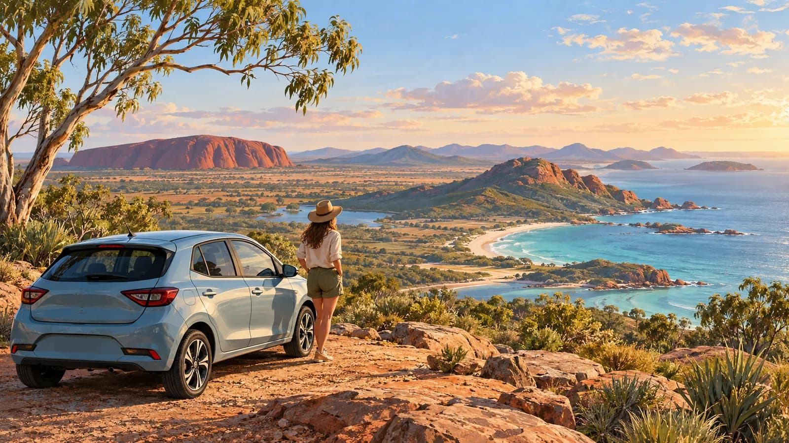 Car hire in Australia illustration showing a parked compact car at a coastal lookout beneath a red-rock formation.