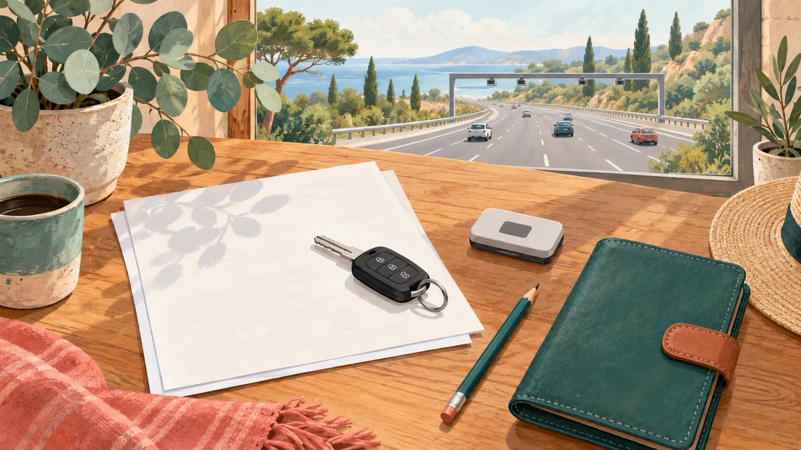Hire-car toll planning illustration showing car keys, blank paperwork and an electronic tag beside a window overlooking a free-flow motorway gantry