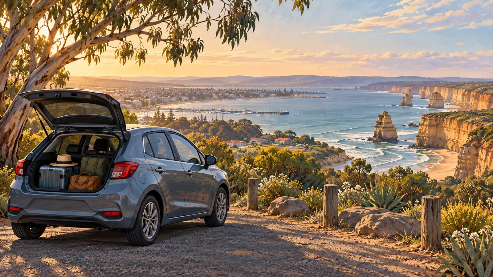 Avalon Airport car hire illustration showing a parked car overlooking a rugged coast with offshore limestone stacks.
