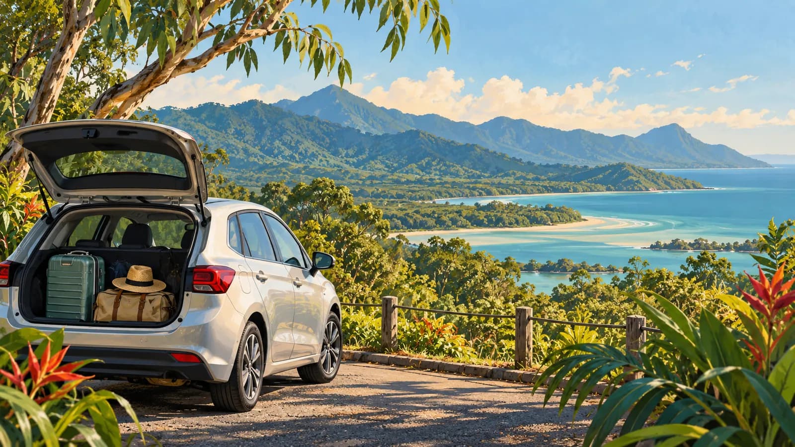 Cairns Airport car hire illustration showing a parked car overlooking tropical water and green mountains.