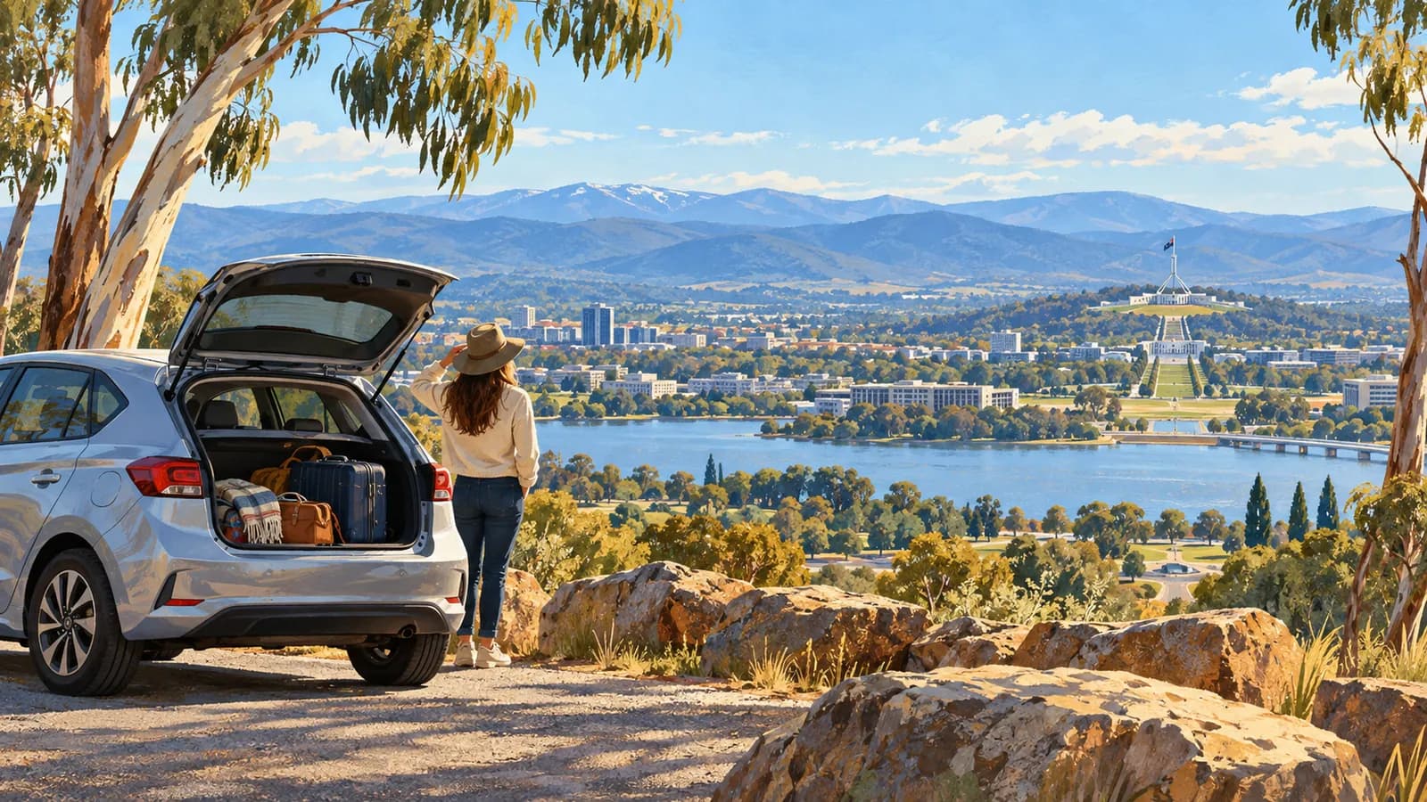 Canberra Airport car hire illustration showing a traveller beside an open, luggage-filled car overlooking Lake Burley Griffin and Parliament House.