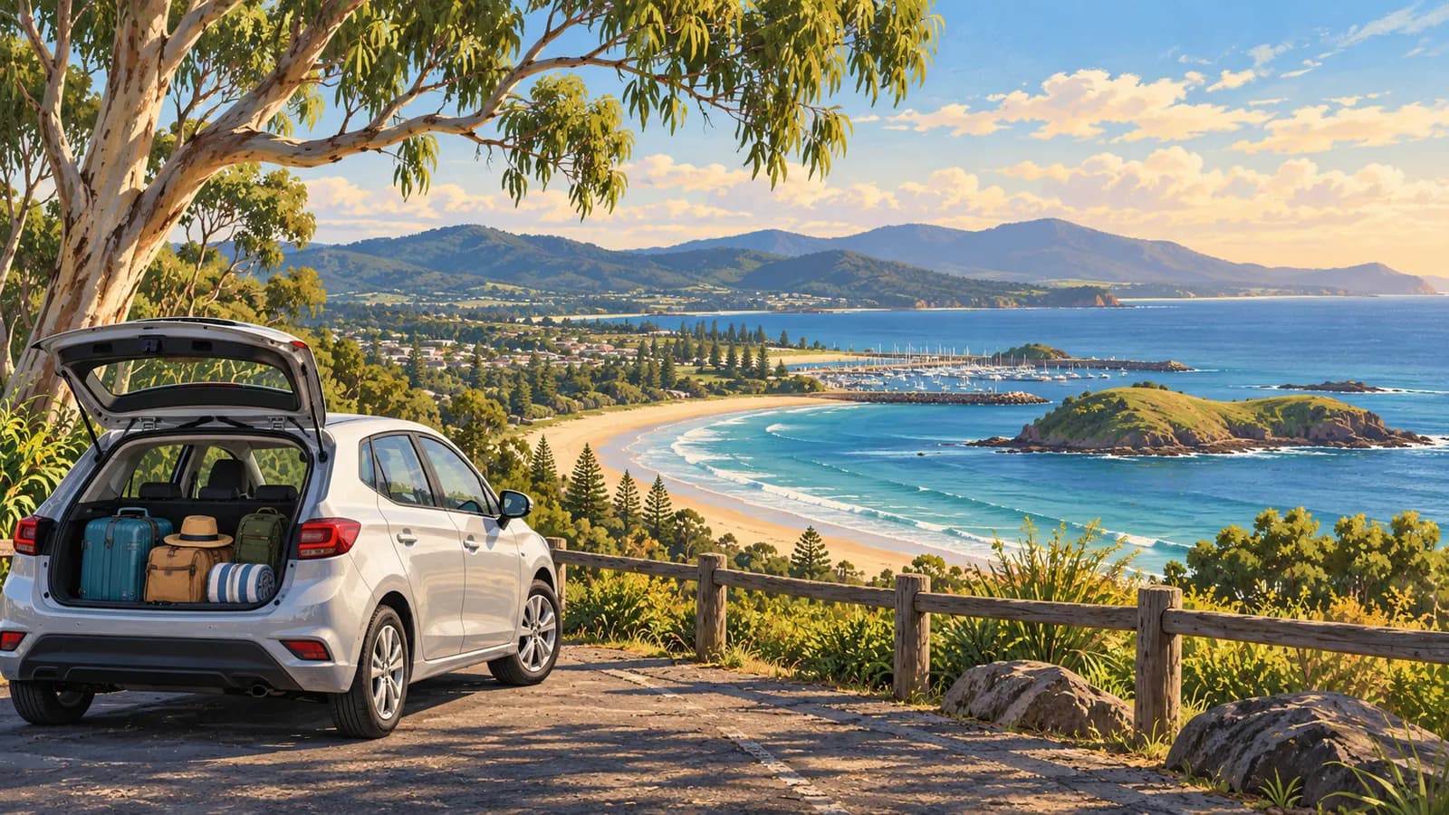 Coffs Harbour Airport car hire illustration showing a parked car with luggage above a beach and green headland.