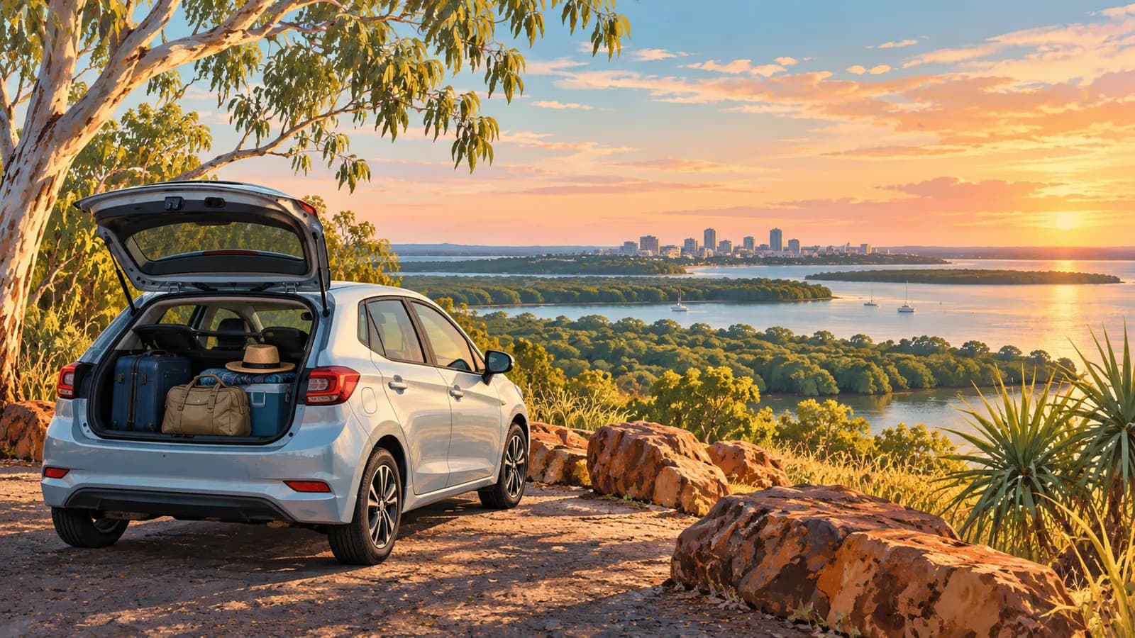 Darwin Airport car hire illustration showing a luggage-filled car parked above a harbour, with a distant city skyline.