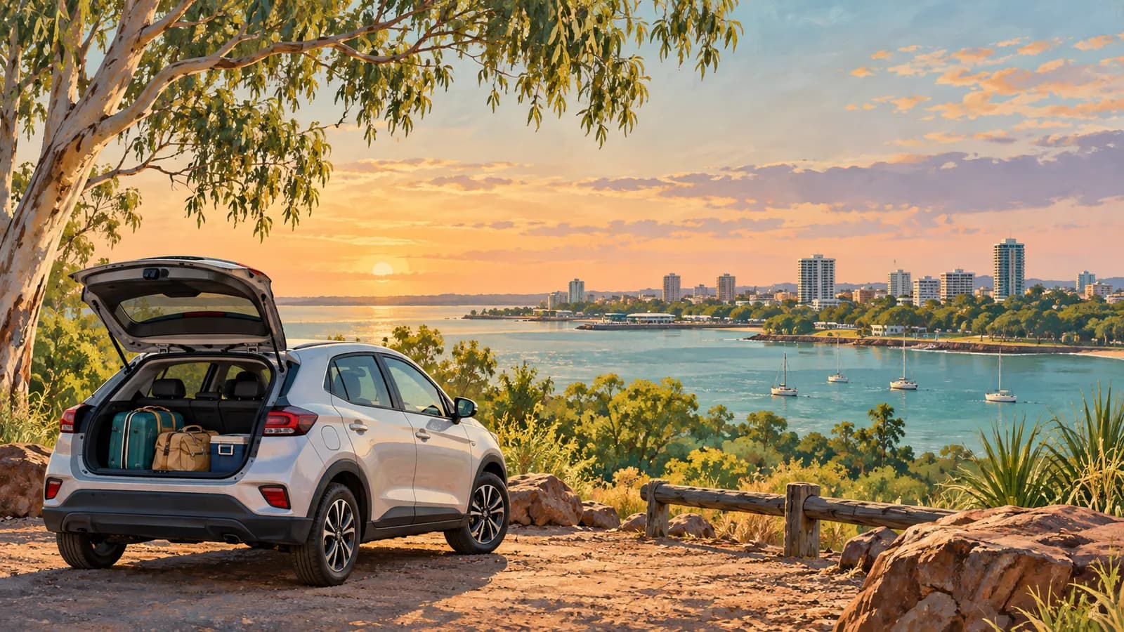 Car hire in Darwin illustration showing a parked car overlooking a tropical harbor, boats and city skyline.