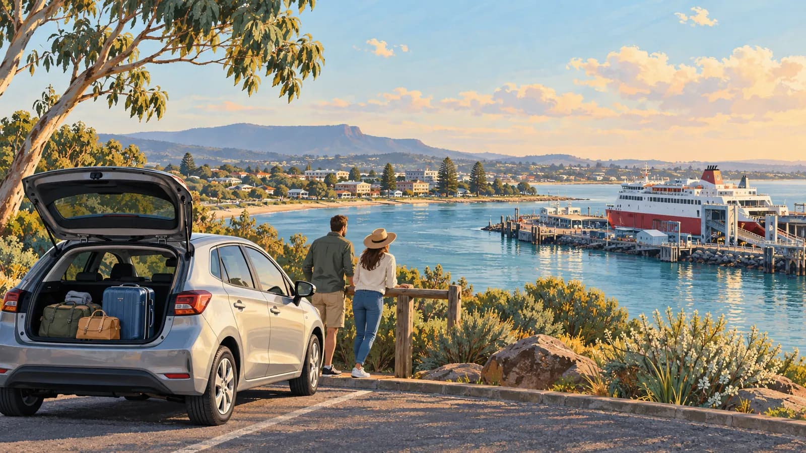 Car hire in Devonport illustration showing a parked car with luggage beside a passenger ferry at the waterfront.