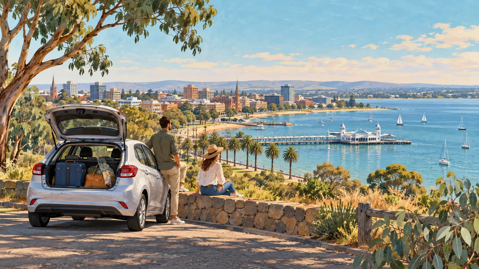 Car hire in Geelong illustration showing a parked car and travellers above the waterfront, with a pier and sailboats.