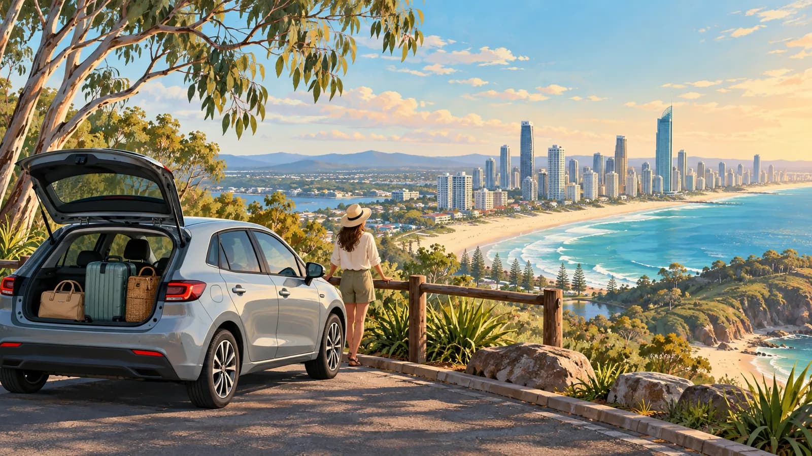 Gold Coast car hire illustration showing a parked car overlooking the Surfers Paradise skyline and a long sandy beach.