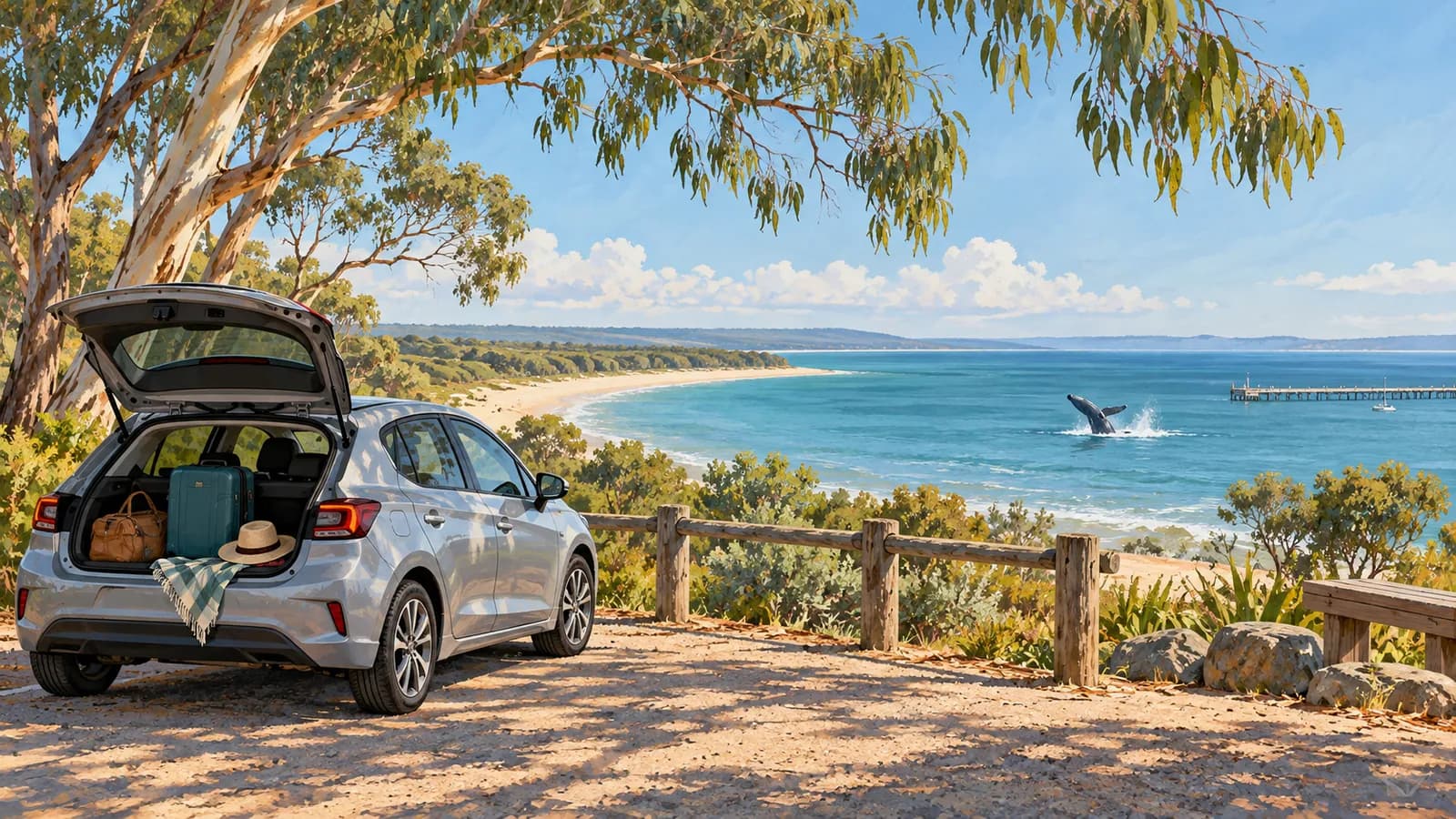 Hervey Bay car hire illustration showing a parked car with luggage beside the coast, with a whale surfacing offshore.