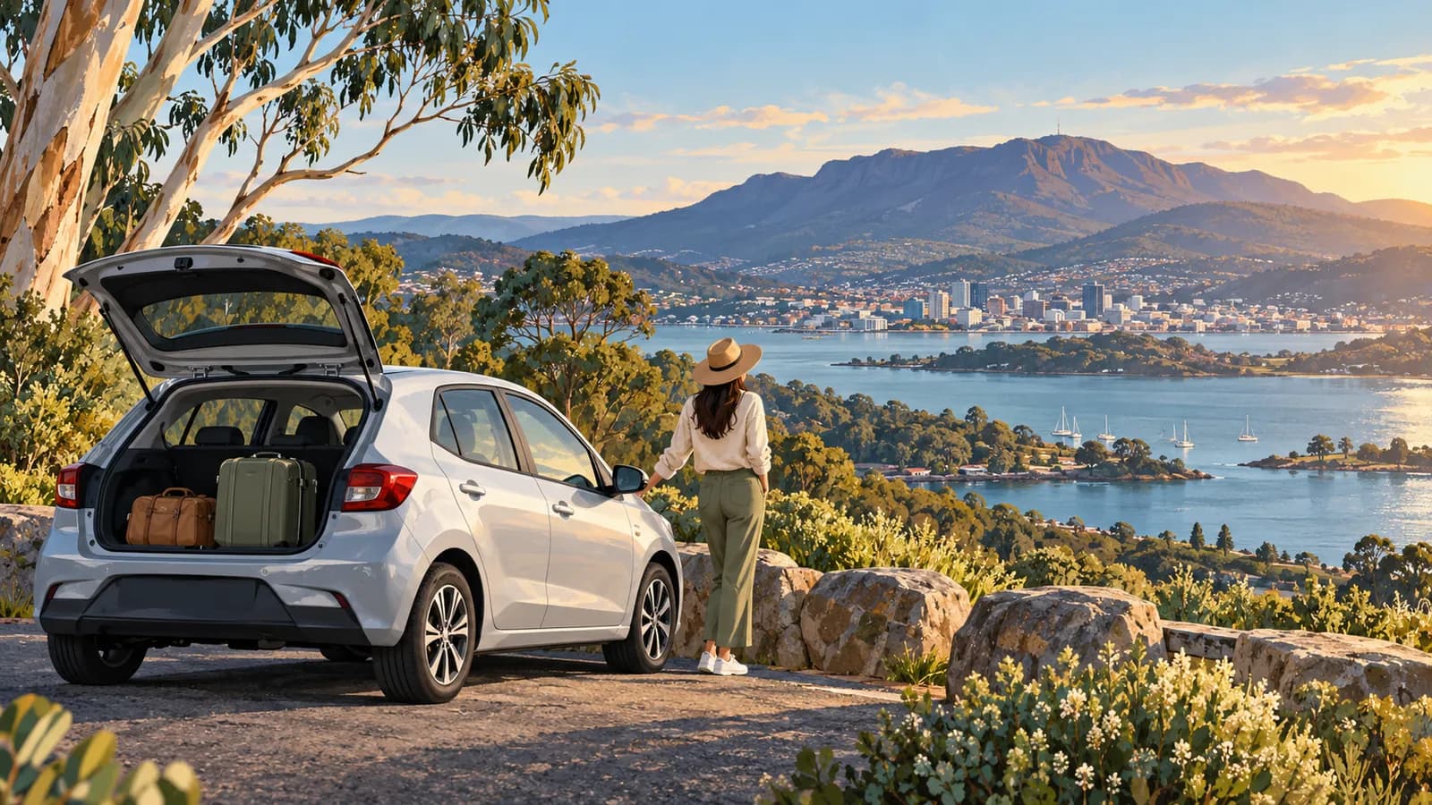 Hobart Airport car hire illustration showing a traveller beside a luggage-filled car overlooking the city, water and Mount Wellington.