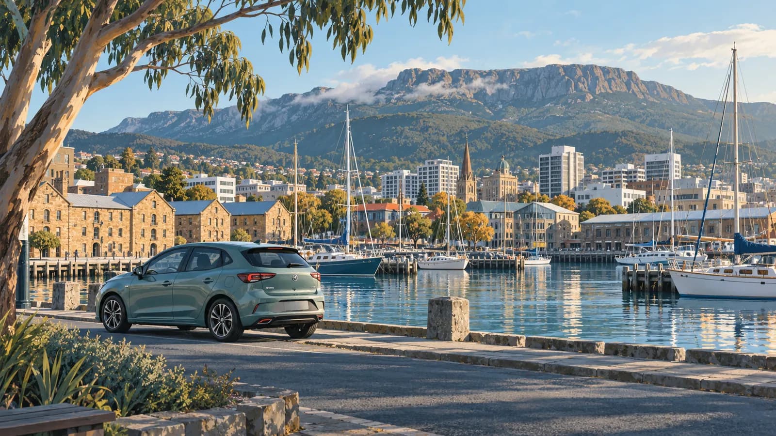 Illustration of a parked compact car at Hobart waterfront, with sailing boats and kunanyi Mount Wellington